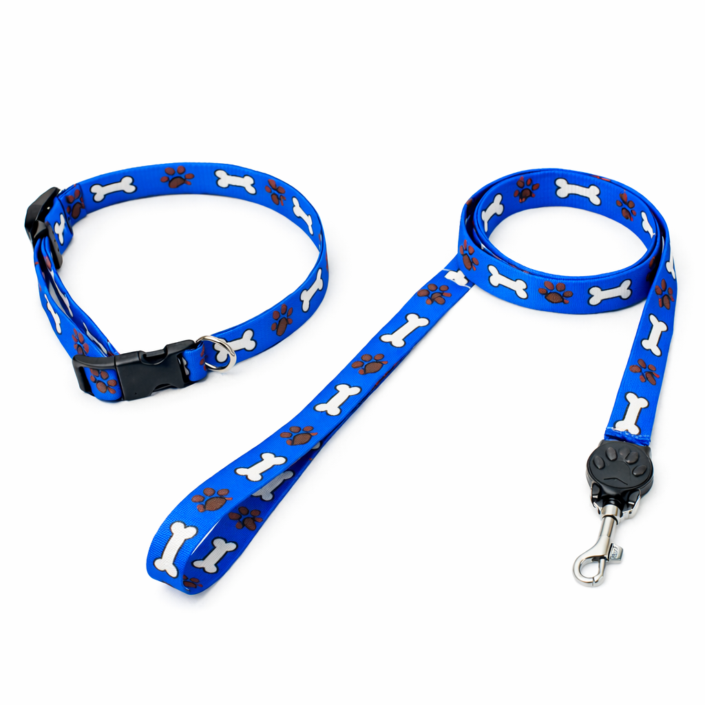 Coleira + Guia Estampado Azul